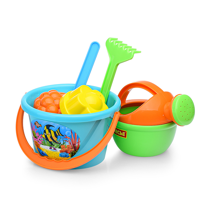 Набор №205: ведро среднее, лопатка, грабельки, 2 формочки, лейка малая №4