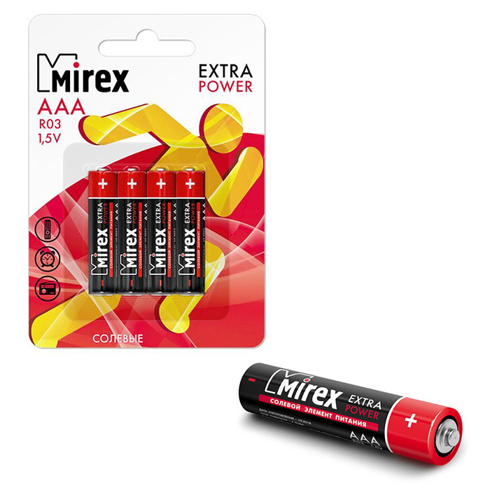 Батарея солевая Mirex R03 / AAA 1,5V, блистер 4 шт. Батарея солевая Mirex R03 / AAA 1,5V, блистер 4 шт.