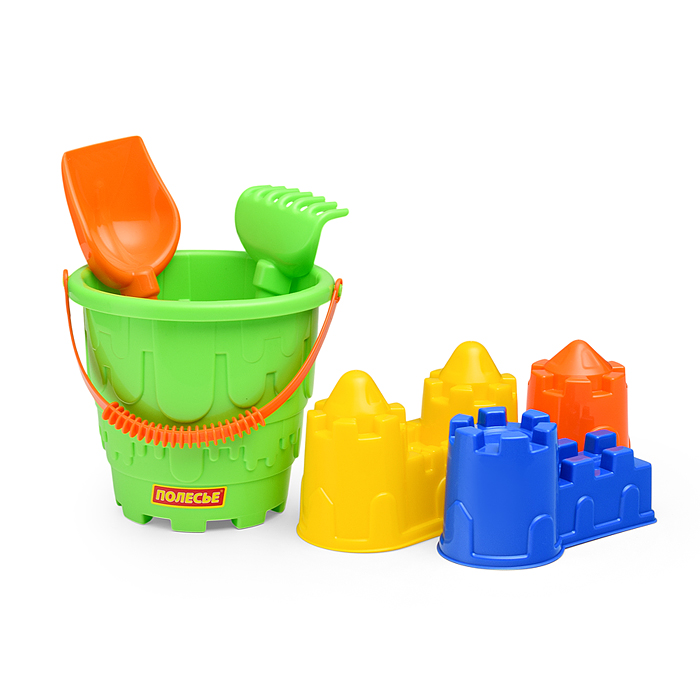Набор №524: Ведро-замок большое, лопатка №5, грабельки №5, формочки 