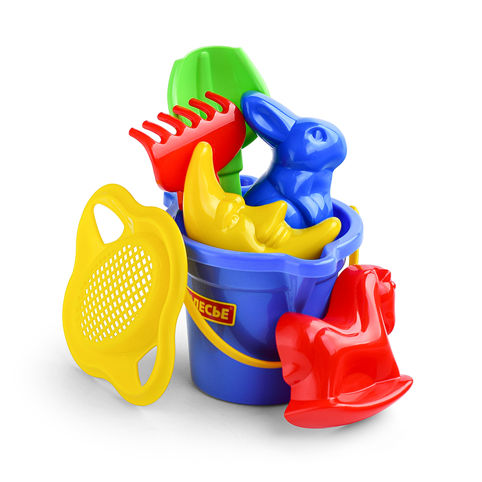 Фото к товару Набор №140: ведро малое с носиком, ситечко-цветок, совок №2, грабельки №2, формочки (заяц + лошадка Набор №140: ведро малое с носиком, ситечко-цветок, совок №2, грабельки №2, формочки (заяц + лошадка