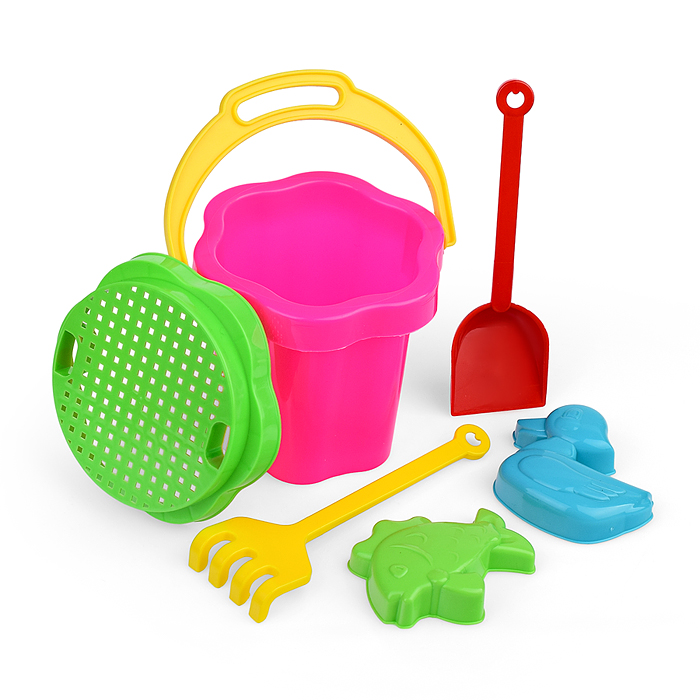 Песочный набор №103 (ведро-цветок 0,3 л, сито, грабли, совок, 2 формочки)