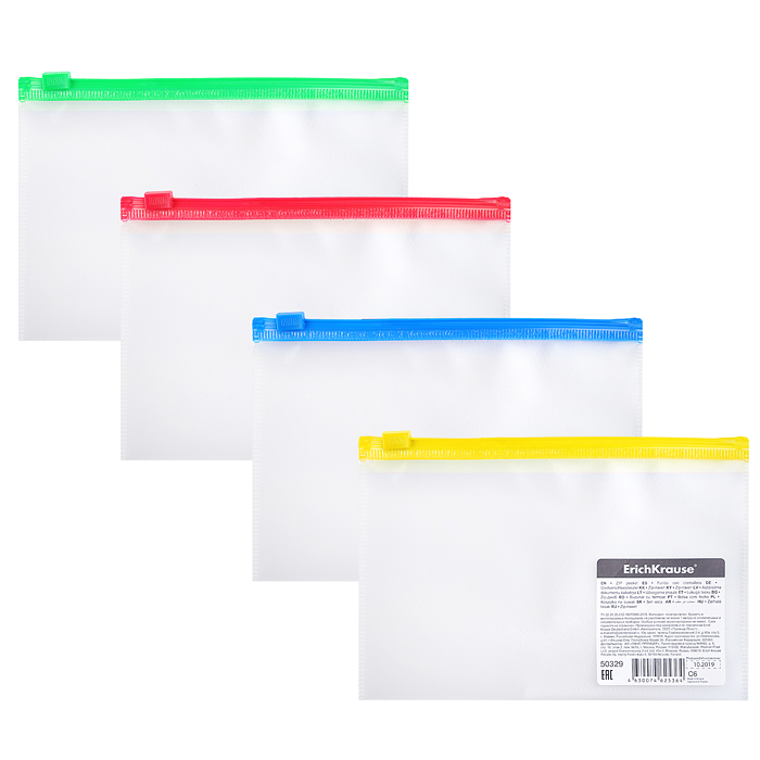 ZIP-пакет пластиковый Fizzy Clear c цветной молнией, C6, ассорти (12 шт.)