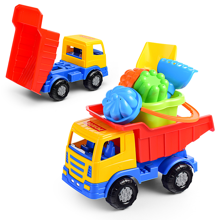 Фото к товару Набор №185: "Мираж", автомобиль-самосвал + ведро-цветок среднее, лопатка №5, грабельки №5, 4 формочк Набор №185: "Мираж", автомобиль-самосвал + ведро-цветок среднее, лопатка №5, грабельки №5, 4 формочк