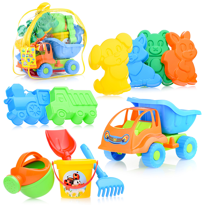 Набор №301 (в рюкзаке): "Муравей", автомобиль-самосвал + ведро малое, лопатка №5, грабельки №5, форм