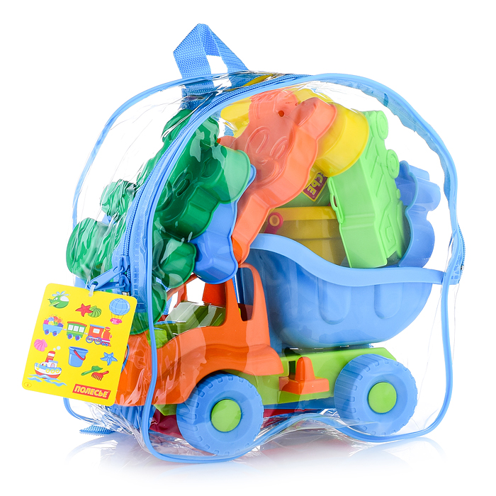 Набор №301 (в рюкзаке): "Муравей", автомобиль-самосвал + ведро малое, лопатка №5, грабельки №5, форм