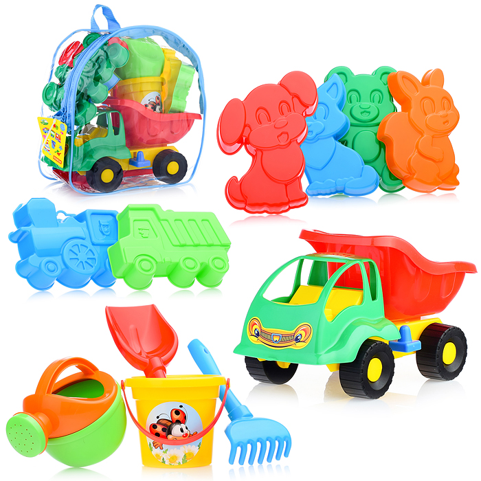 Набор №301 (в рюкзаке): "Муравей", автомобиль-самосвал + ведро малое, лопатка №5, грабельки №5, форм