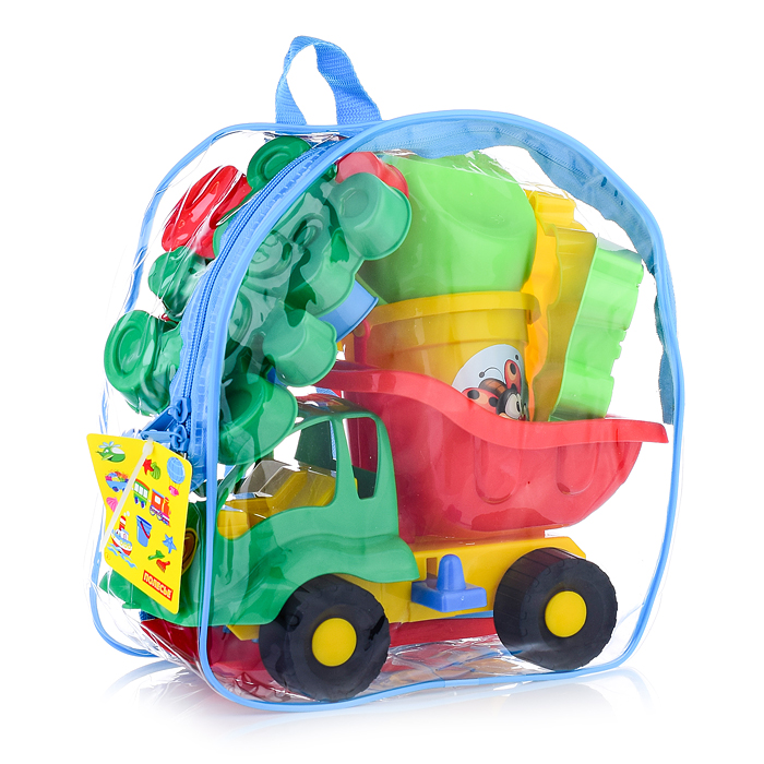 Набор №301 (в рюкзаке): "Муравей", автомобиль-самосвал + ведро малое, лопатка №5, грабельки №5, форм