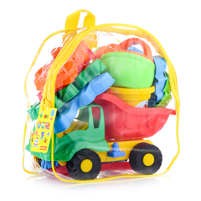 Набор №301 (в рюкзаке): "Муравей", автомобиль-самосвал + ведро малое, лопатка №5, грабельки №5, форм