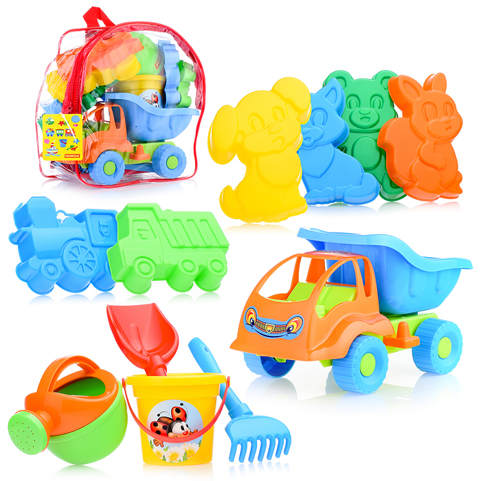 Набор №301 (в рюкзаке): "Муравей", автомобиль-самосвал + ведро малое, лопатка №5, грабельки №5, форм