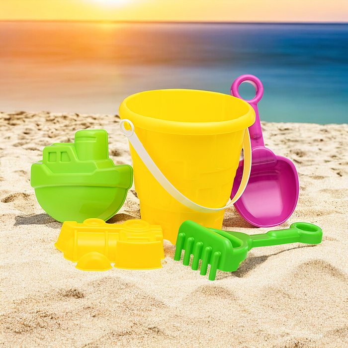 Набор песочный №13 (ведро+лопатка+грабли+2 формочки транспорт)