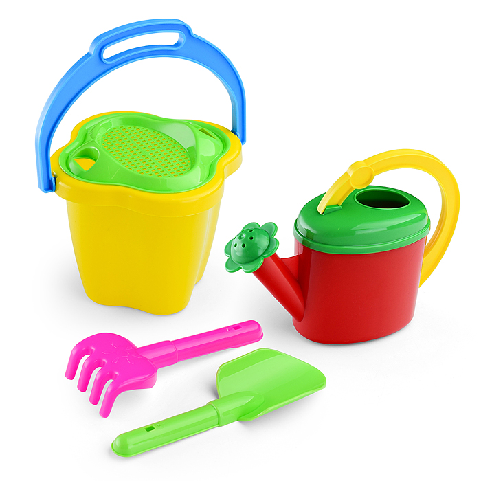 Песочный набор № 125 (ведро 1 л, сито, лейка 0,5 л, лопата 19см, грабли 19см)