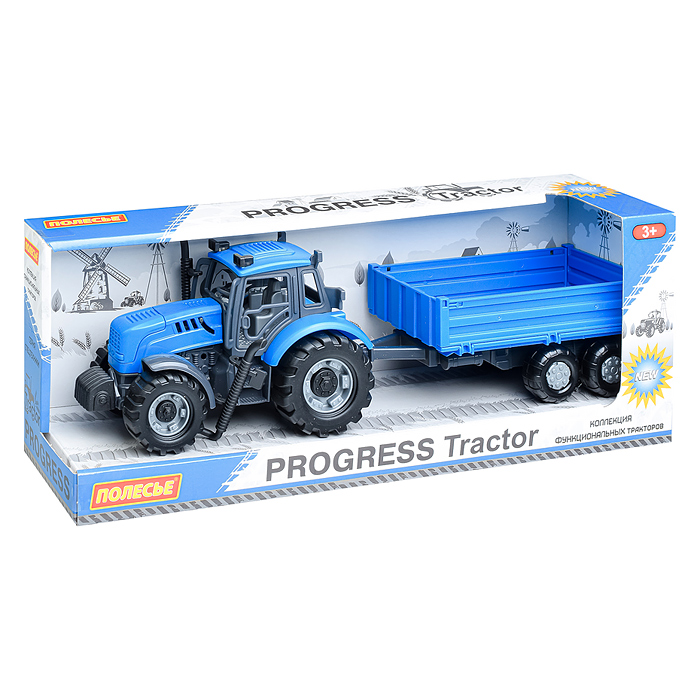Трактор "Прогресс" с бортовым прицепом инерционный (синий) (в коробке)