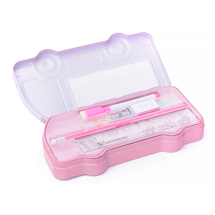 Пенал металлический 2 отделения, линейка 15 см, 1 ч/г каран, 1 точил, 1 ласт, 1 марке, 95 х 