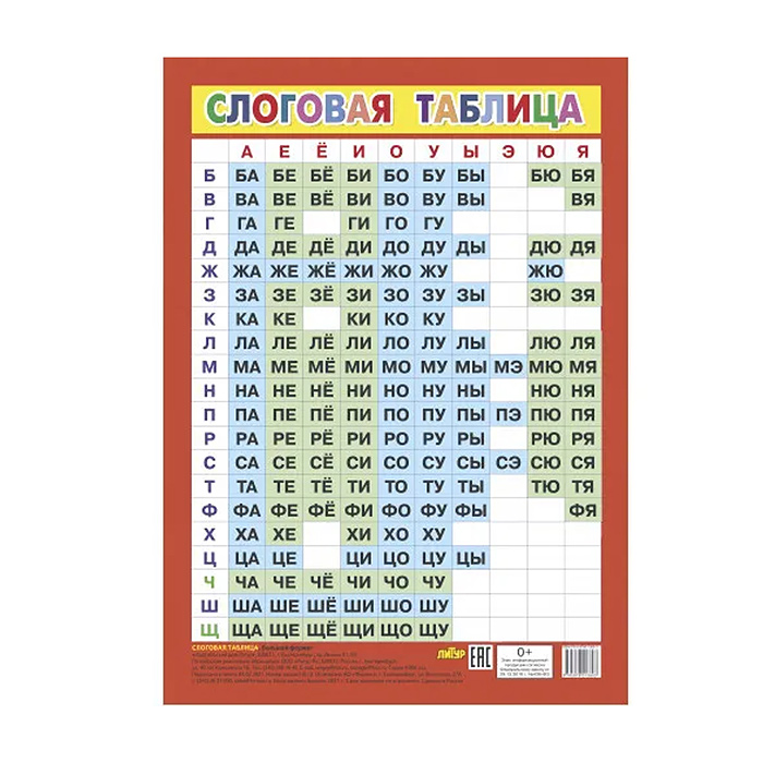 Таблица. Слоговая таблица. Большой формат Таблица. Слоговая таблица. Большой формат