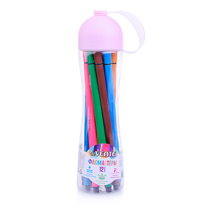 Фломастеры 12 цветов, шестигранный корпус 8x165 мм, с вентилируемым колпачком, в круглой п