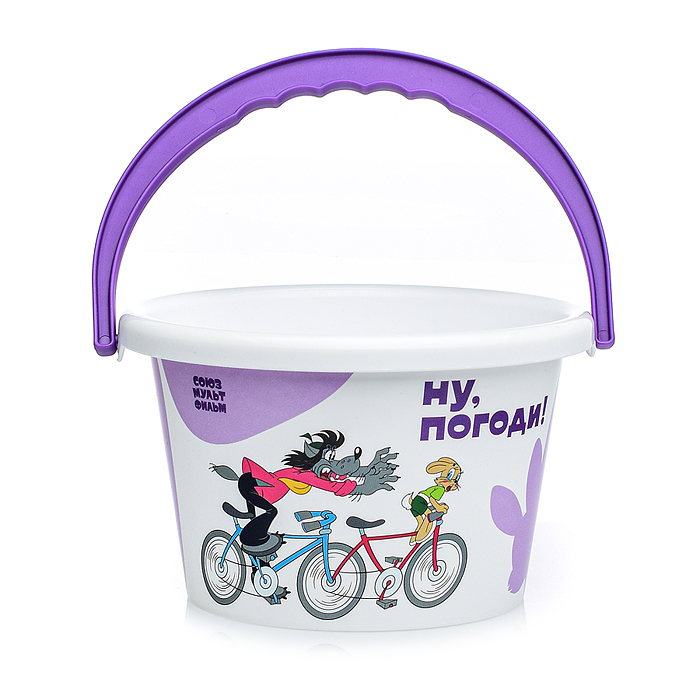 Набор "Ну, погоди!" №4: ведро среднее с наклейкой, ситечко, лопатка, грабельки, формочка (замок башн