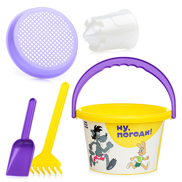 Набор "Ну, погоди!" №4: ведро среднее с наклейкой, ситечко, лопатка, грабельки, формочка (замок башн