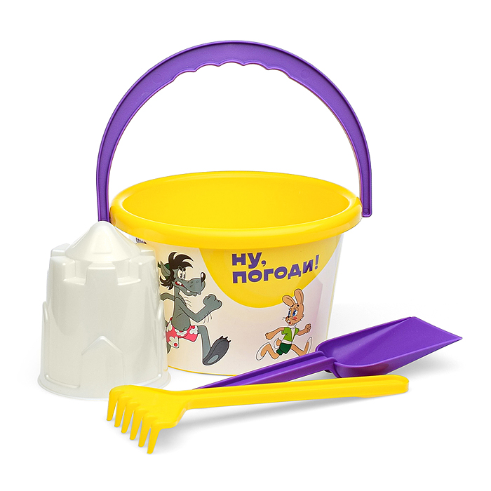 Набор "Ну, погоди!" №4: ведро среднее с наклейкой, ситечко, лопатка, грабельки, формочка (замок башн