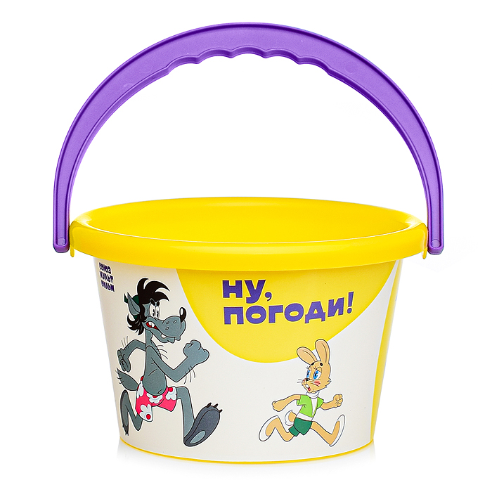 Набор "Ну, погоди!" №4: ведро среднее с наклейкой, ситечко, лопатка, грабельки, формочка (замок башн