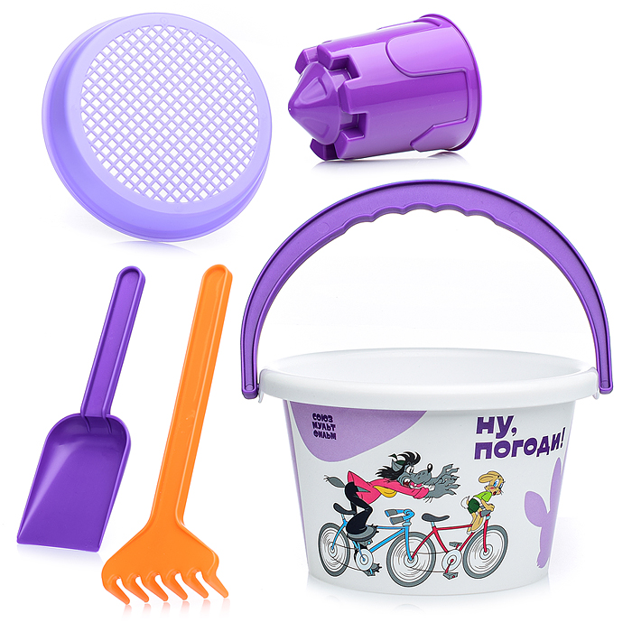 Набор "Ну, погоди!" №4: ведро среднее с наклейкой, ситечко, лопатка, грабельки, формочка (замок башн
