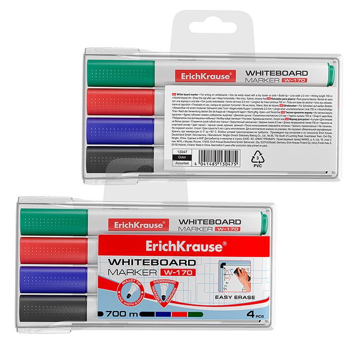 Маркер для досок W-170, цвет чернил: черный, синий, красный, зеленый (в футляре по 4 шт)