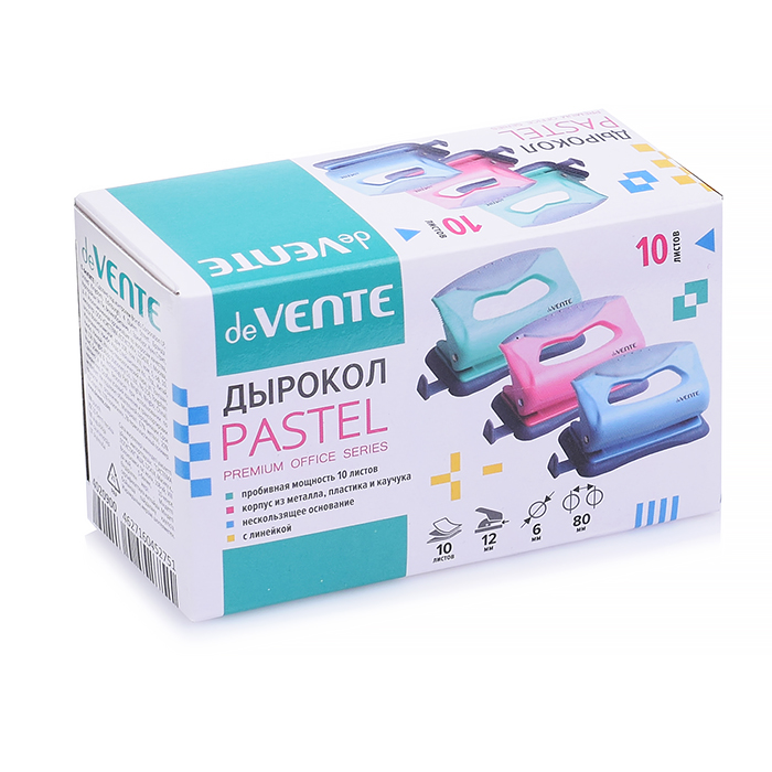 Фото к товару Дырокол "Pastel" (10 листов) пластиковый с каучуковой вставкой, с линейкой, в картонной кор Дырокол "Pastel" (10 листов) пластиковый с каучуковой вставкой, с линейкой, в картонной кор