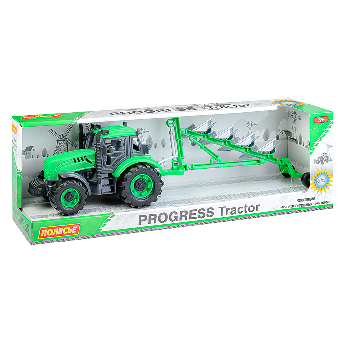 Трактор "Прогресс" с плугом инерционный (зелёный) (в коробке)