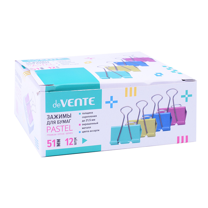 Зажим для бумаг "Pastel" металлический (51 мм) толщина скрепления до 21,5 мм, цветной ассор