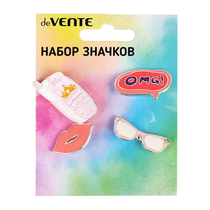 Набор значков "Cute Girl" эмалированные, размер изделий: телефон 1,7x3,5 см, OMG! 3x1,8 см,