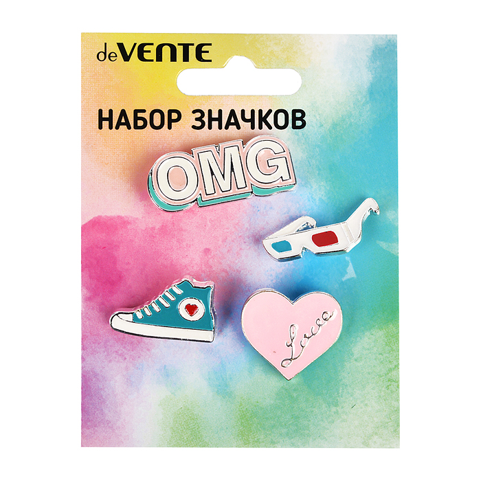 Набор значков "Selfie&Shoes" эмалированные, размер изделий: очки 2,2x1,3 см, OMG 3,4x1,4 см