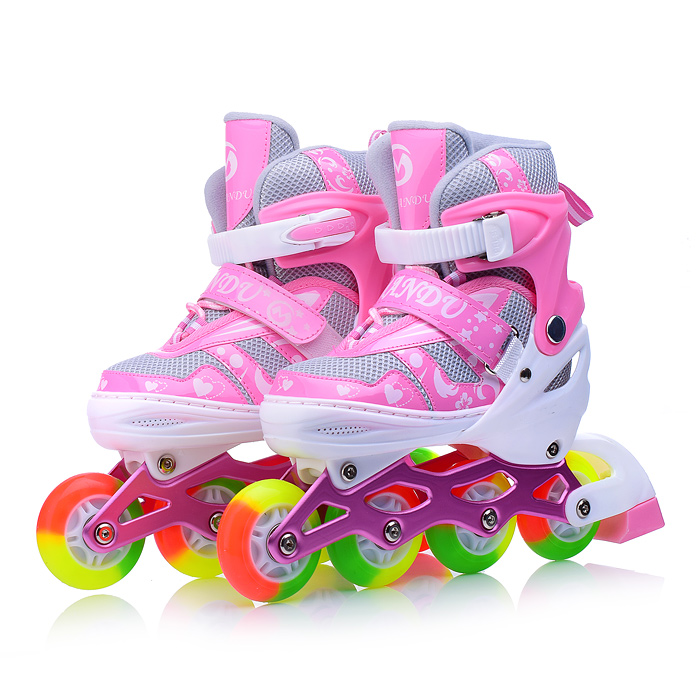 Ролики детские, M с комплектом защиты, цвет розовый с белым, цветные колеса