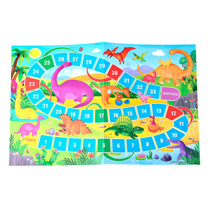 Игра-ходилка с фишками для малышей 2в1. Динозавры+Космос. 42х29,7 см. 