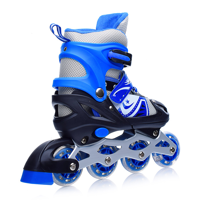 Ролики детские U001743Y (размер S) черно-синие с белым, PU колёса со светом, в сумке