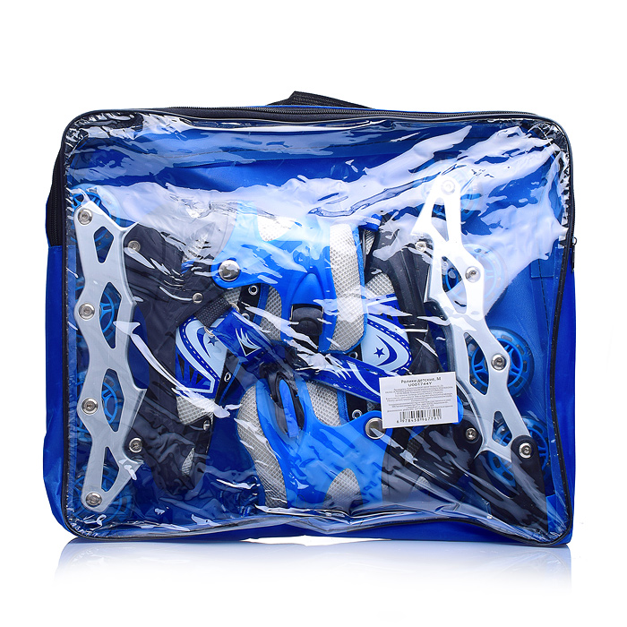 Ролики детские U001743Y (размер S) черно-синие с белым, PU колёса со светом, в сумке