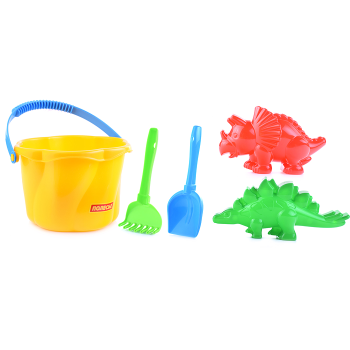Набор №665: ведро-цветок среднее №4, лопатка №5, грабельки №5, формочки (динозавр №1 + динозавр №2)