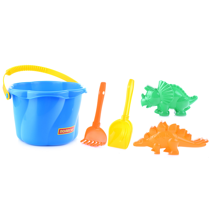 Набор №665: ведро-цветок среднее №4, лопатка №5, грабельки №5, формочки (динозавр №1 + динозавр №2)