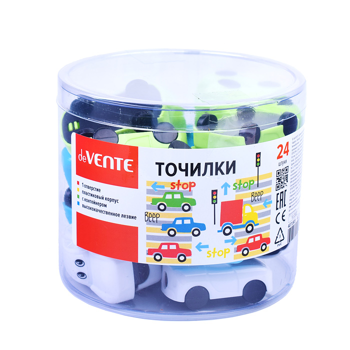 Точилка для карандашей "Машинка" 1 отверстие, с контейнером, пластмассовая в форме машинки,