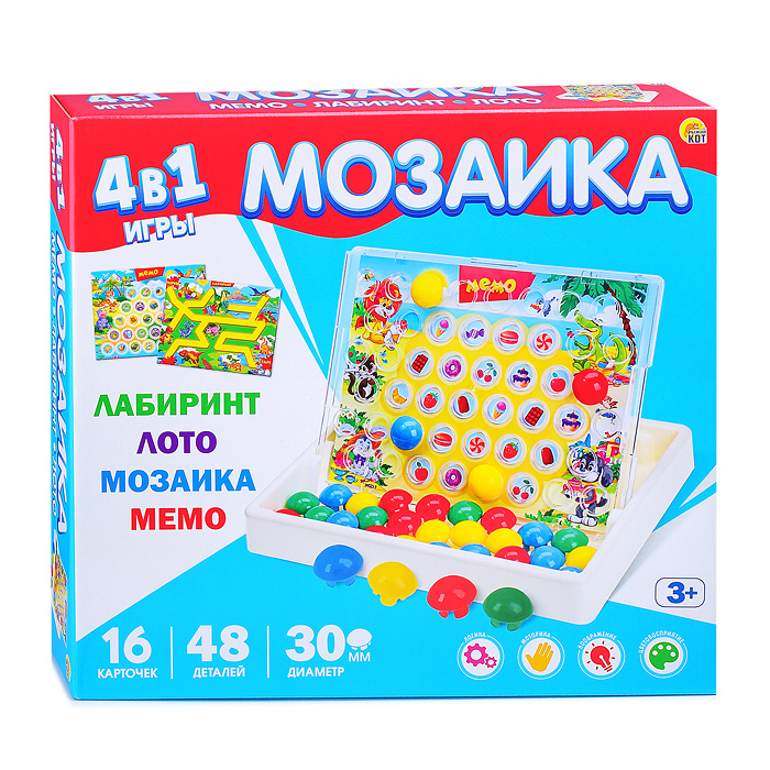 Игра 4в1 (Мозаика, Мемо, Лабиринт, Лото) Серия "Мозайкин" чемодан в коробке 