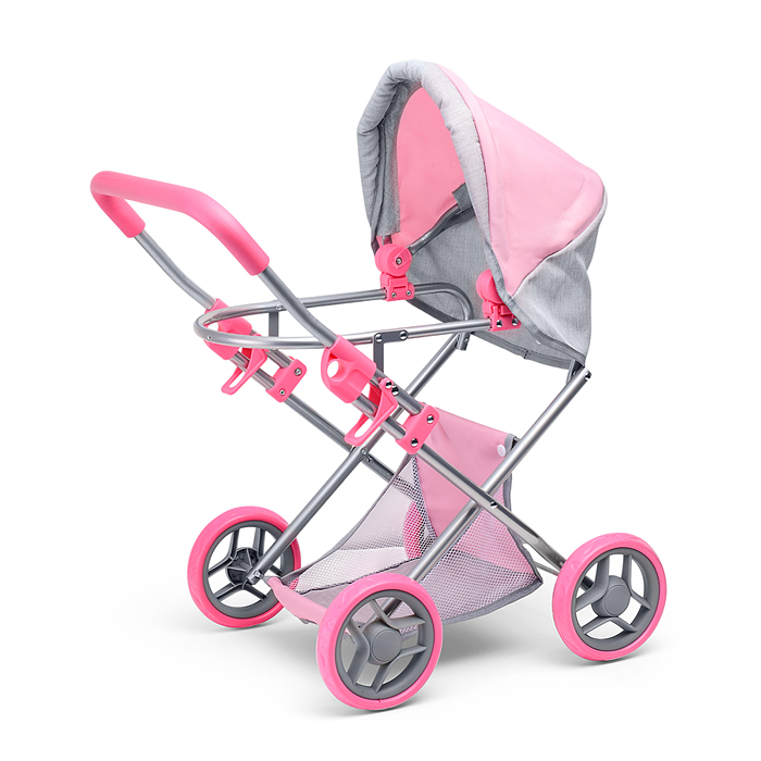 Коляска-люлька 9369 для кукол, металлическая, с корзиной, цвет серо-розовый