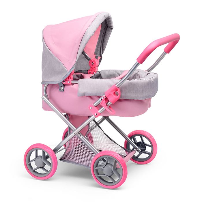 Коляска-люлька 9369 для кукол, металлическая, с корзиной, цвет серо-розовый