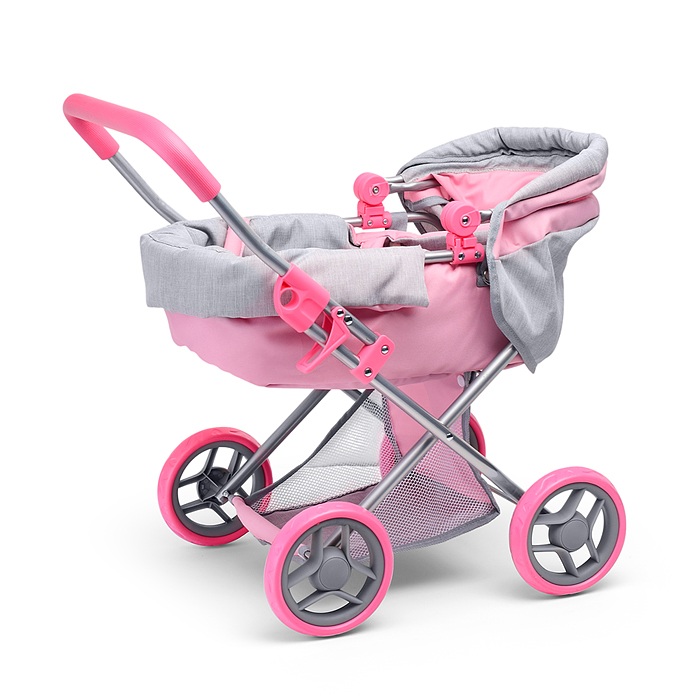 Коляска-люлька 9369 для кукол, металлическая, с корзиной, цвет серо-розовый