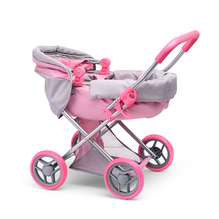 Коляска-люлька 9369 для кукол, металлическая, с корзиной, цвет серо-розовый