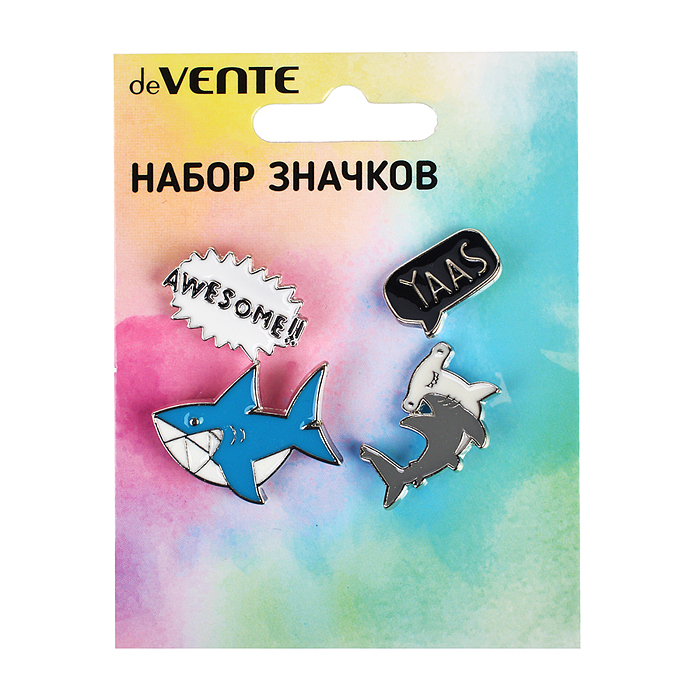 Набор значков "Shark" эмалированные, размер изделий: awesome!! 1,5x1,5 см, yaas 3x2 см, гол
