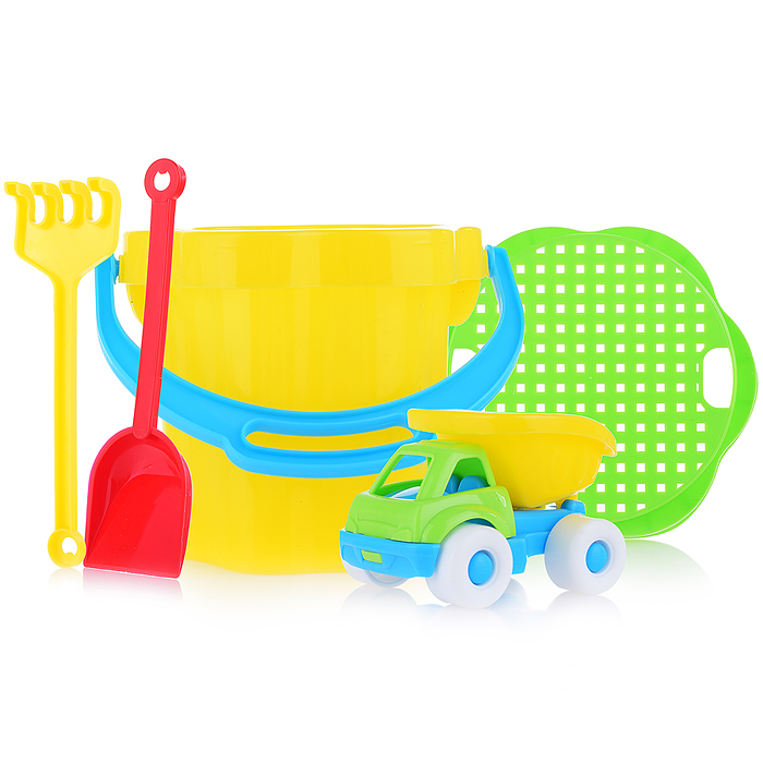Песочный набор №106 (ведро 0,3 л, сито, совок, грабли, машинка "Бублик")