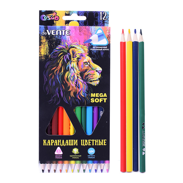 Карандаши цветные "Trio Mega Soft" 12 цветов, 4М, диаметр грифеля 3 мм, трехгранные, в карт