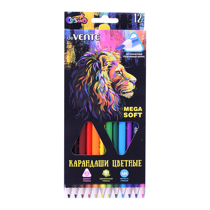 Карандаши цветные "Trio Mega Soft" 12 цветов, 4М, диаметр грифеля 3 мм, трехгранные, в карт