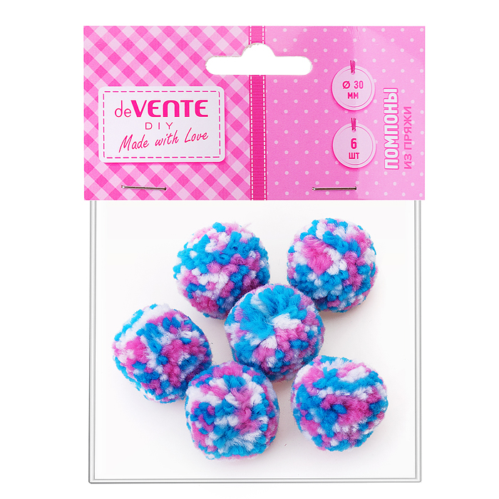 Набор разноцветных помпонов из пряжи для творчества 30 мм, 6 шт, в пластиковом пакете с бл