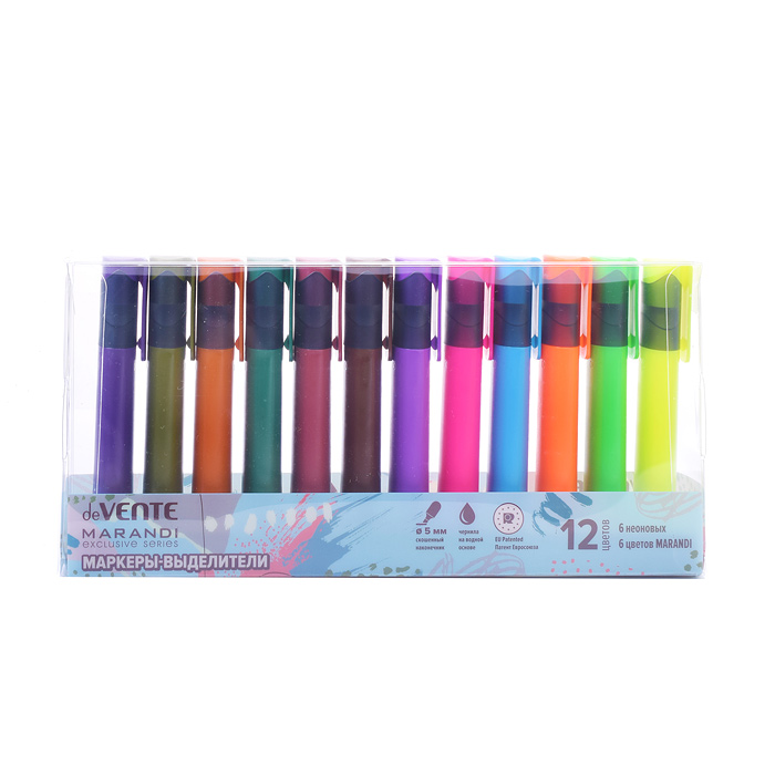 Набор маркеров-выделителей (12 цветов - 6 неоновых и 6 цветов Marandi) плоский корпус, ско