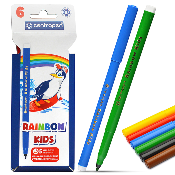 Фломастеры 6 цветов "Centropen Rainbow Kids" с трехгранным держателем (смываемые)
