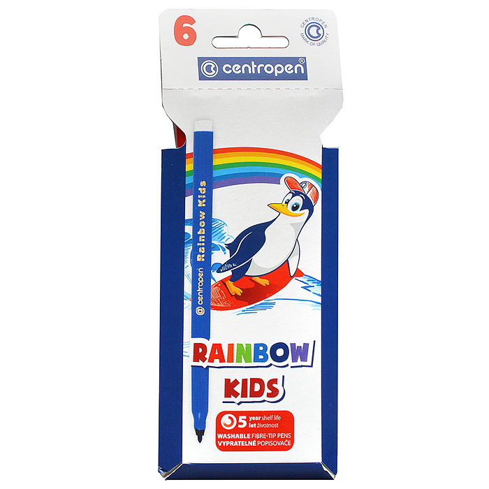 Фломастеры 6 цветов "Centropen Rainbow Kids" с трехгранным держателем (смываемые)